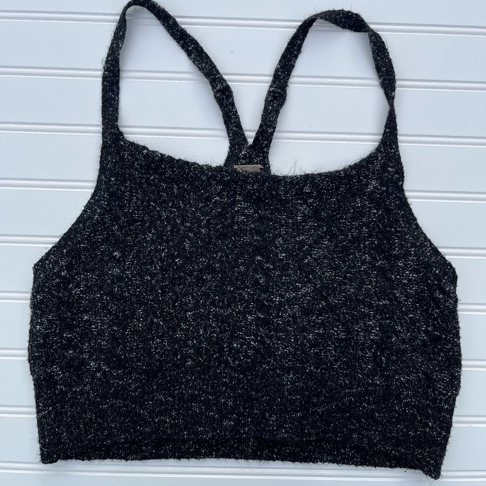 Free People Knit Crop Top Adjustable Button Strap Black Gray M - Festival Boho